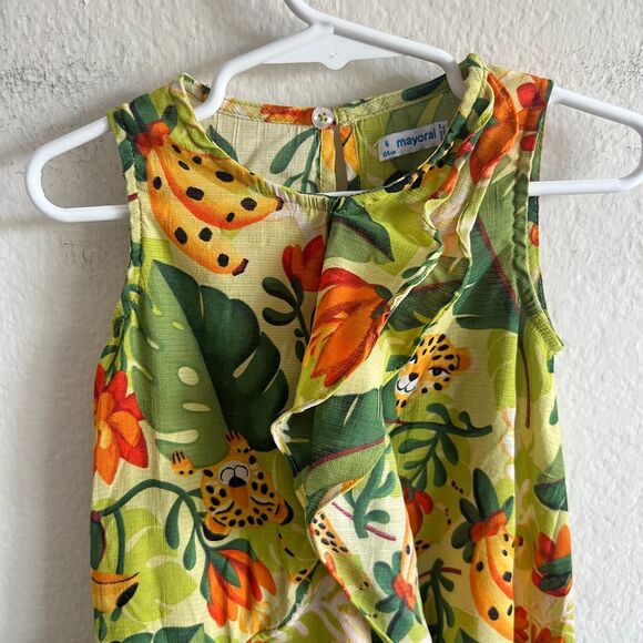 MAYORAL Jungle Animals Tropical Green Ruffle Dress Kids Toddler Girls 4T - Picture 4 of 6